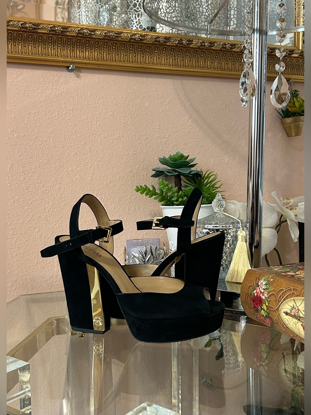 Michael Kors Black Suede Leather Platform Heels with Gold Block Heel Size 7